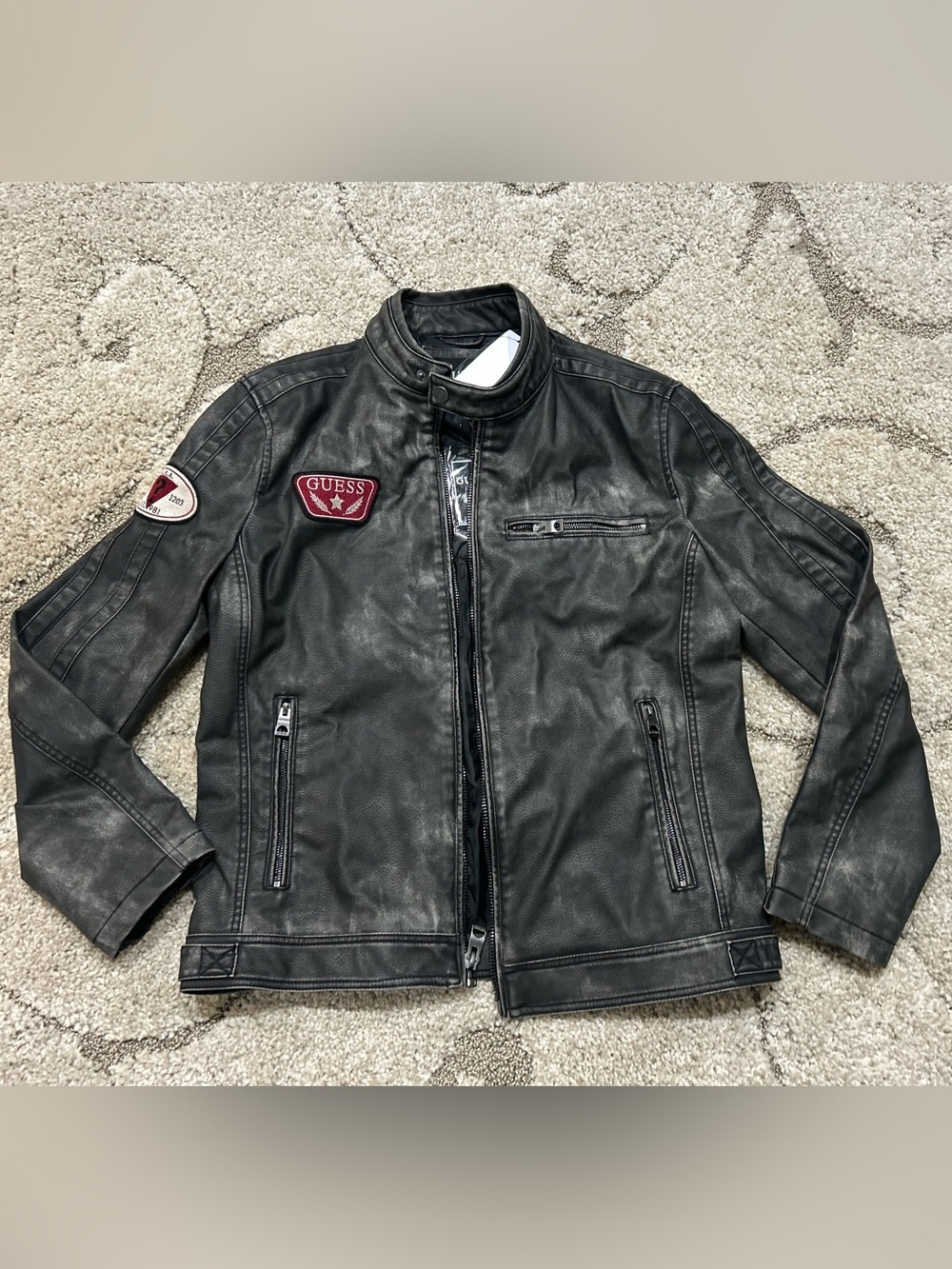 GUESS Men’s Large Black Faux Leather Moto Biker Jacket Distressed Patch